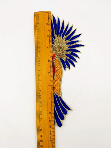 Hand Embroidered Bird Applique With Yellow, Blue and Red Embroidery With Antique Gold Zardozi Work, Bird Applique
